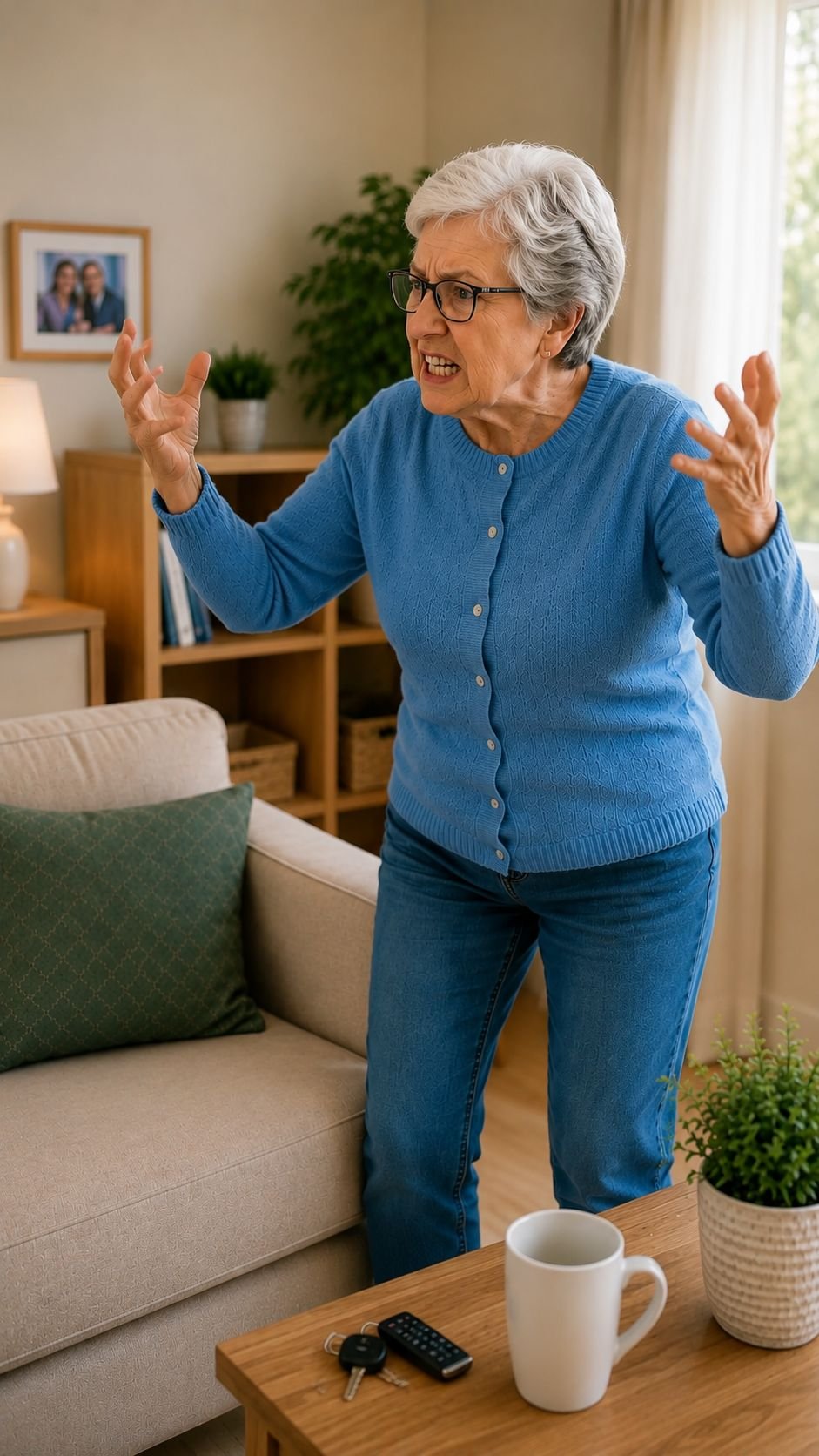 La señora con gesto de enfado o nerviosismo