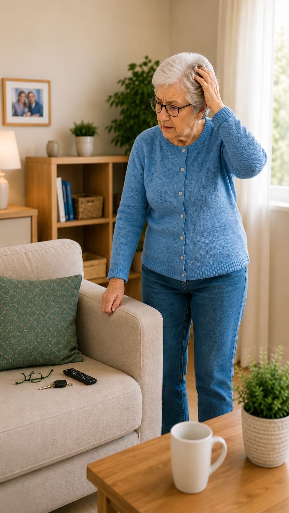 La señora confundida o mirando a un lado con preocupación